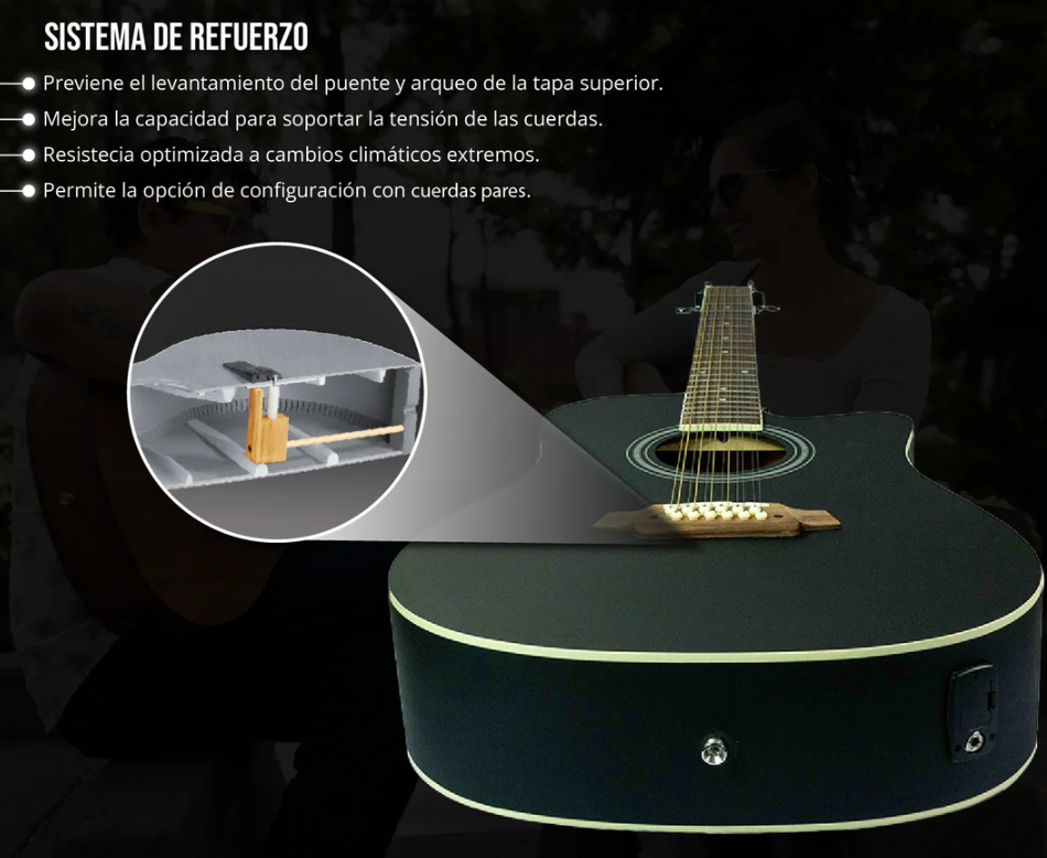 GUITARRA ELECTROACÚSTICA DE 12 CUERDAS (DOCEROLA) CON BRIDGE DOCTOR, CORTE INCLUYE FUNDA | GA-4012-BK-Q N