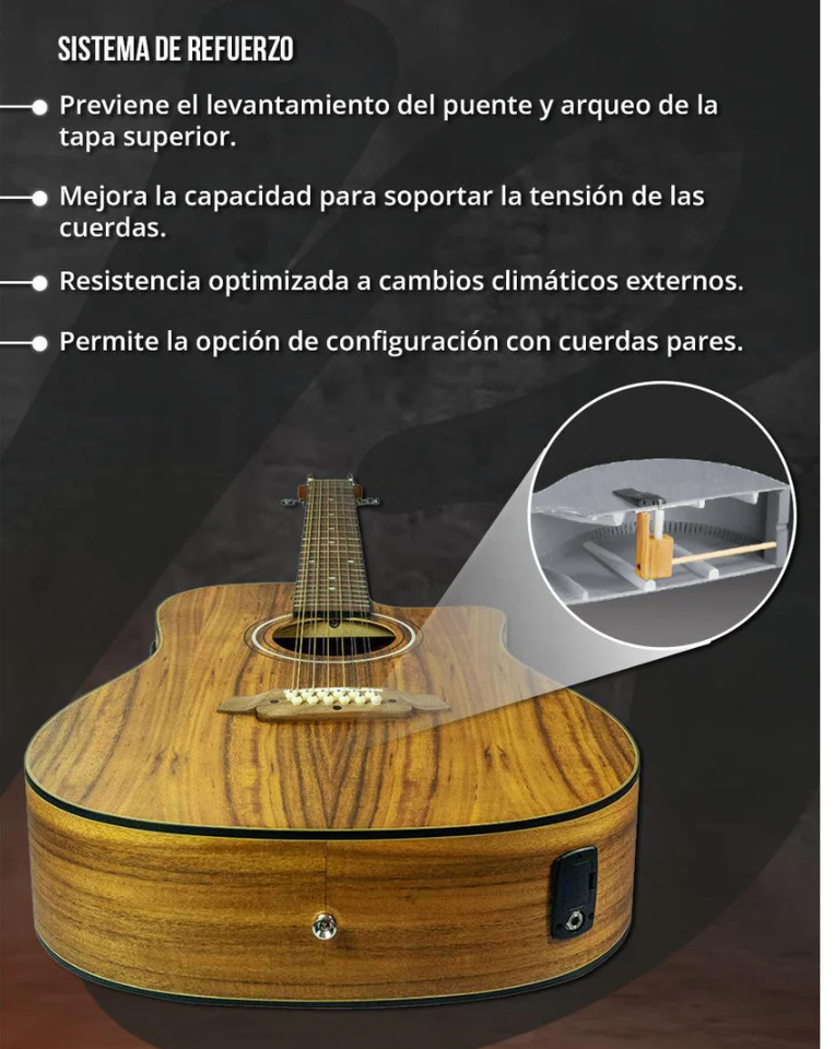 GUITARRA ELECTROACÚSTICA DE 12 CUERDAS (DOCEROLA) BAMBOO MADERA KOA CON CORTE INCLUYE BRIDGE DOCTOR Y FUNDA ACOLCHADA | GA-4012- KOA-Q N