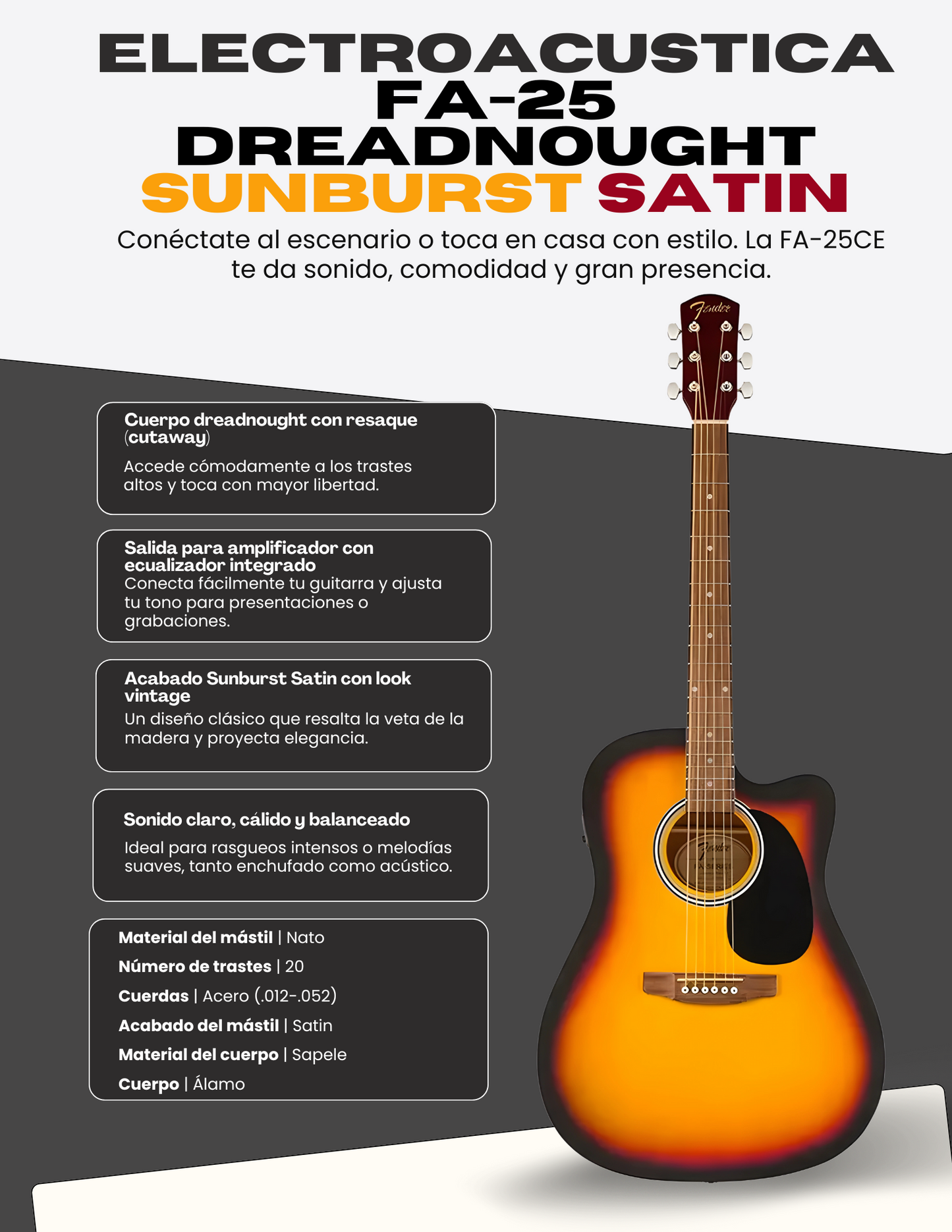 GUITARRA ELECTROACUSTICA FENDER FA-25CE DREADNOUGHT SUNBURST SATIN | 0971913032 N