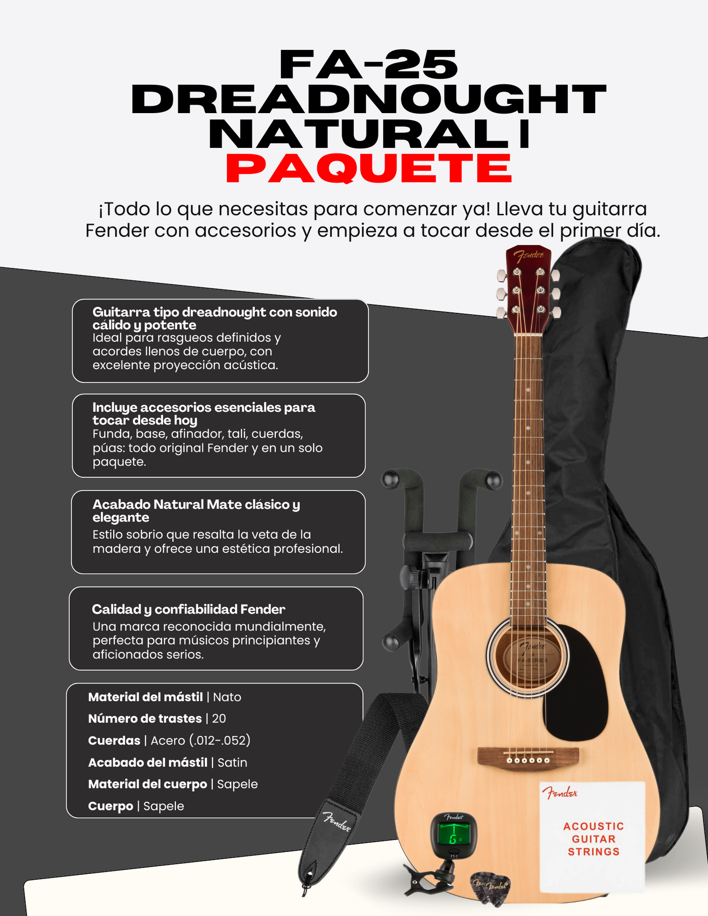 GUITARRA ACUSTICA FENDER FA-25 DREADNOUGHT NATURAL PACK N