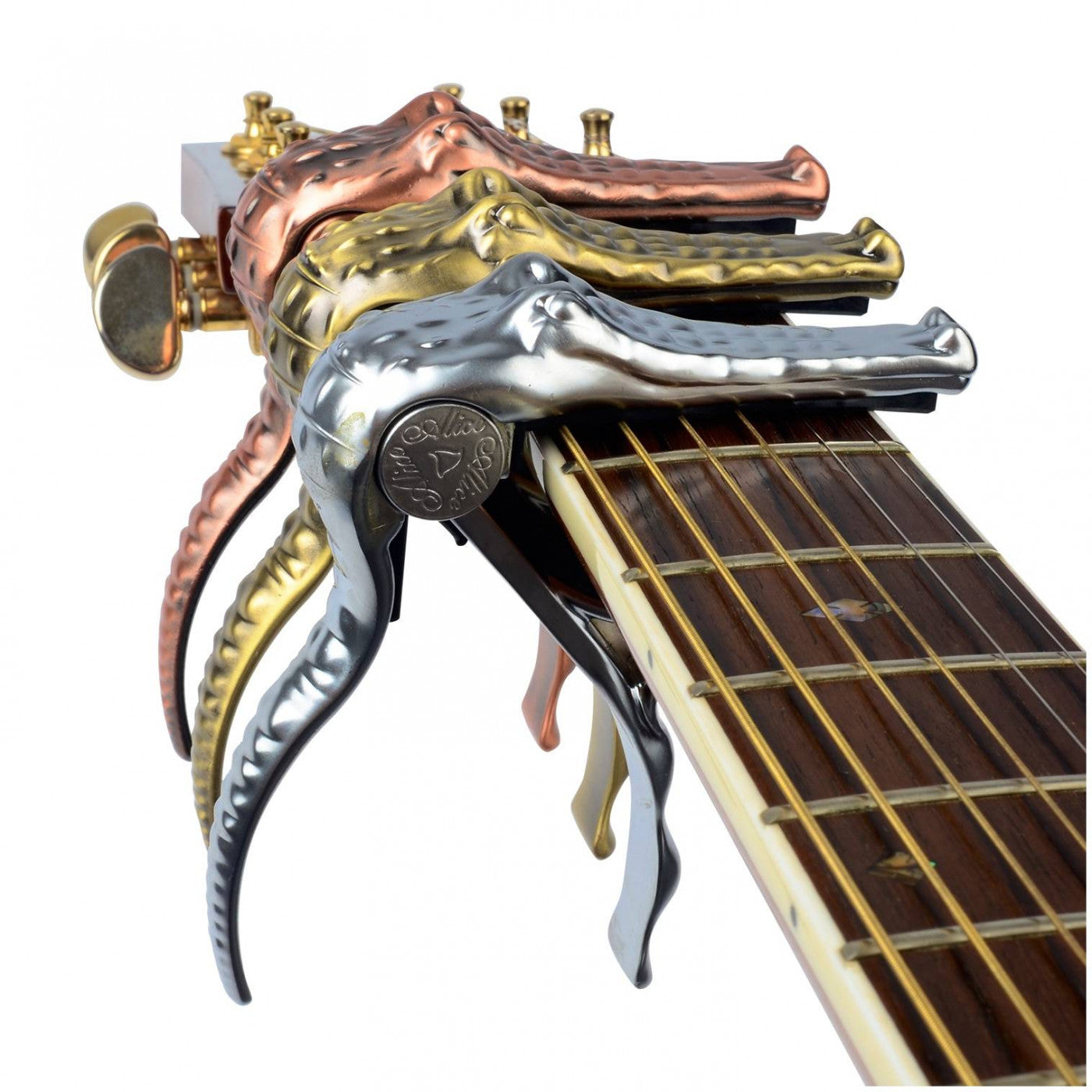 CAPO P/ GUITARRA CON FORMA DE COCODRILO COLOR CROMO PERLA A007G/PC N