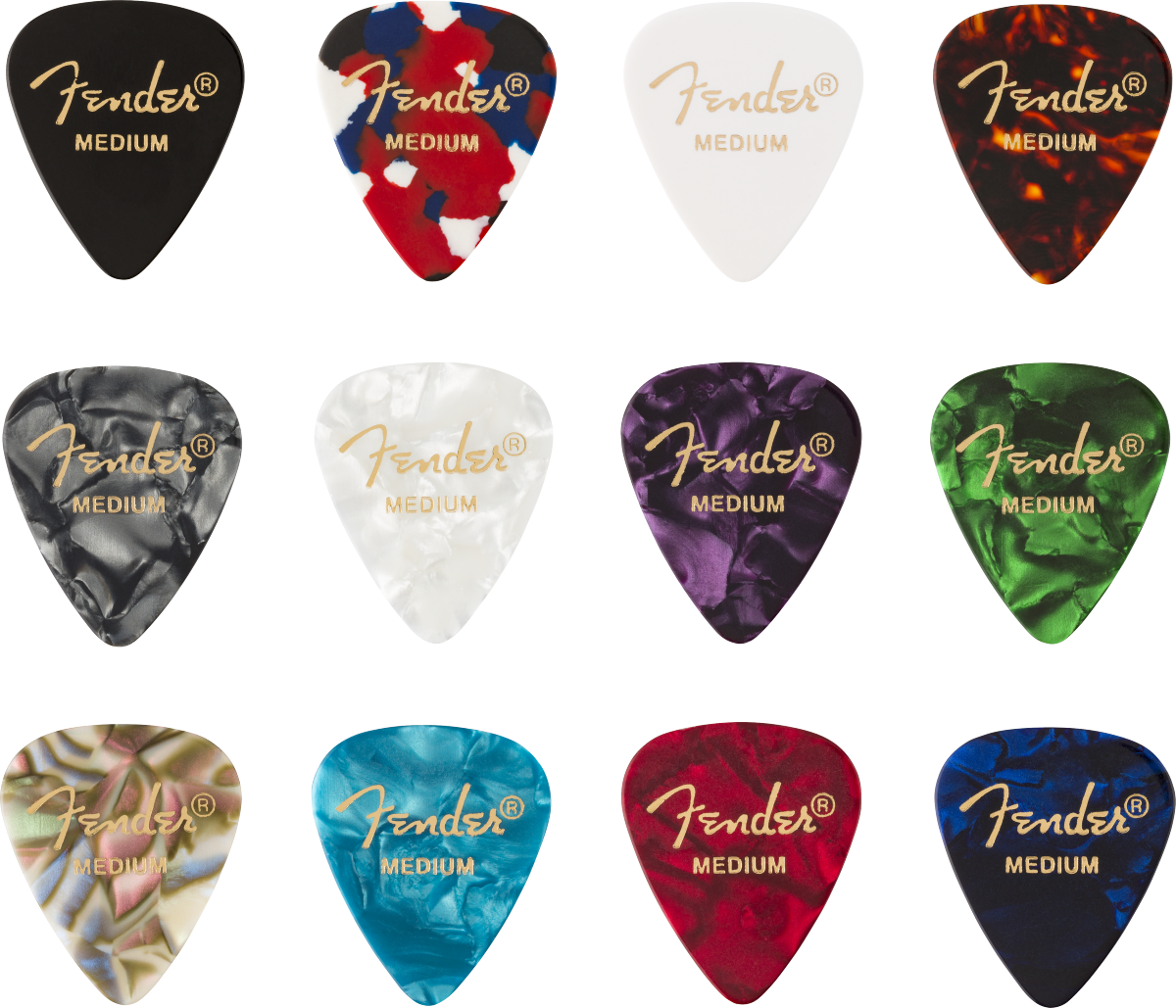 PÚAS PARA GUITARRA FENDER PAQUETE DE 12 PZA CELLULOID MEDIUM COLORES N
