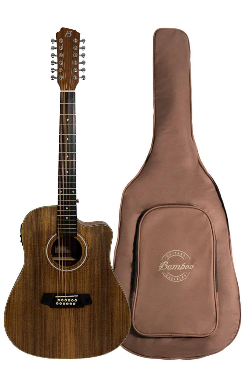 GUITARRA ELECTROACÚSTICA DE 12 CUERDAS (DOCEROLA) BAMBOO MADERA KOA CON CORTE INCLUYE BRIDGE DOCTOR Y FUNDA ACOLCHADA | GA-4012- KOA-Q N