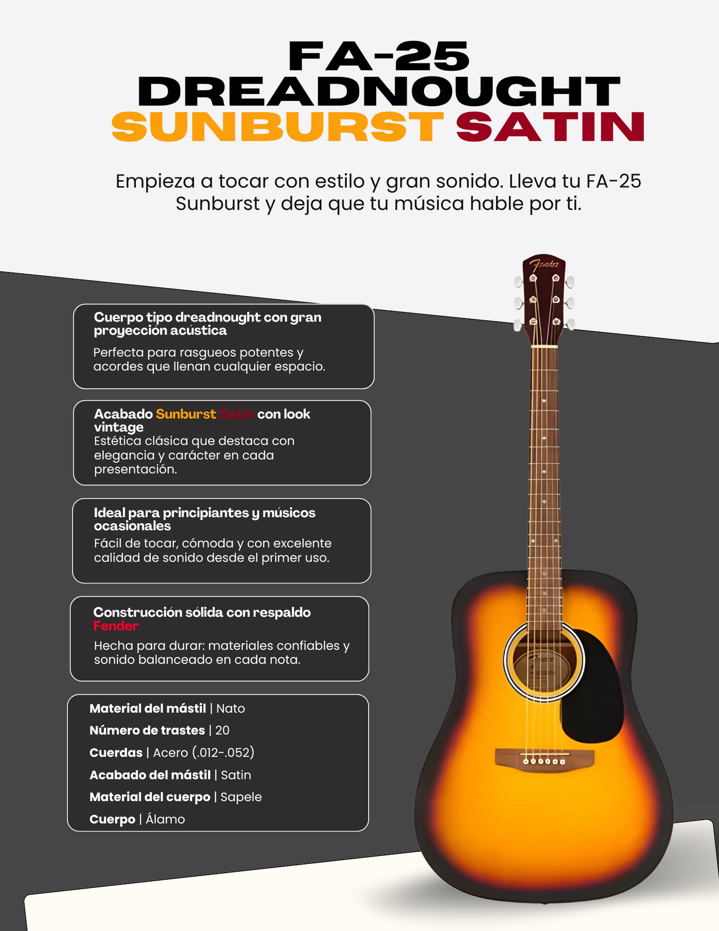 GUITARRA ACUSTICA FENDER FA-25 DREADNOUGHT SUNBURST SATIN N