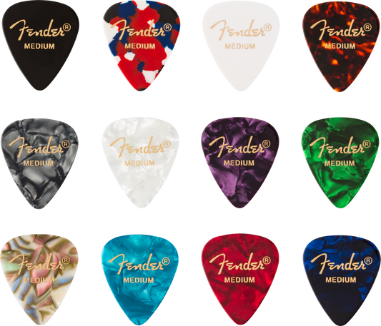 PÚAS PARA GUITARRA FENDER PAQUETE DE 12 PZA CELLULOID MEDIUM COLORES N