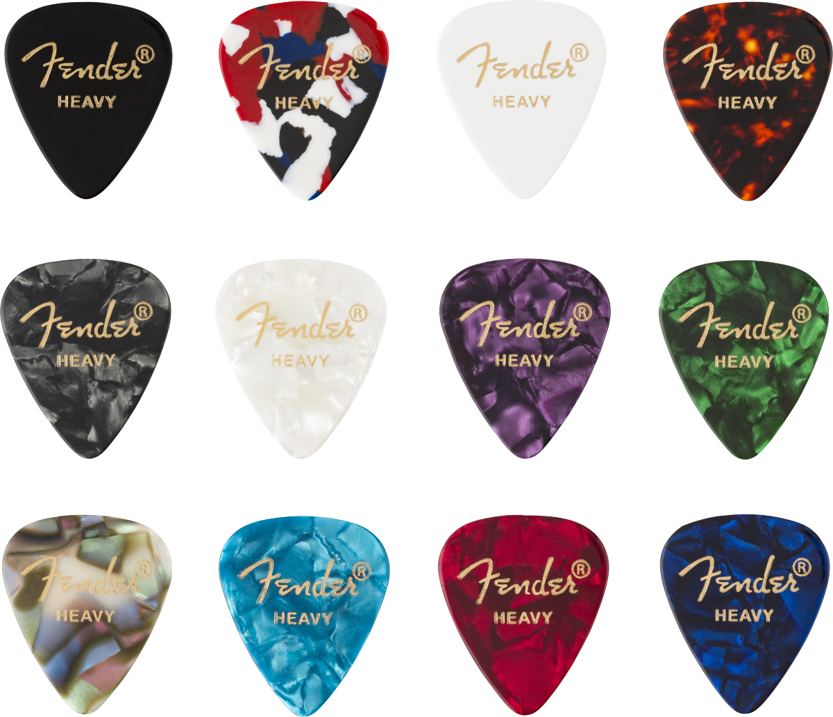 PÚAS PARA GUITARRA FENDER PAQUETE DE 12 PZA CELLULOID HEAVY COLORES