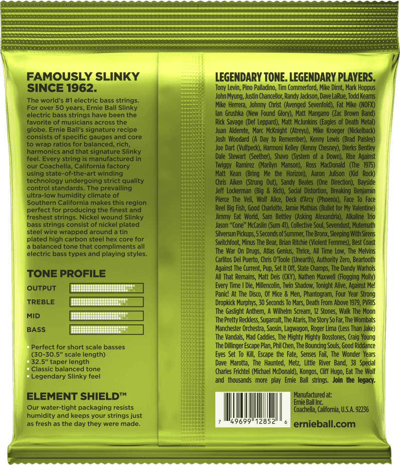 CUERDAS ERNIE BALL REGULAR SLINKY PARA BAJO ELECTRICO ESCALA CORTA 4 CDAS 2852 N