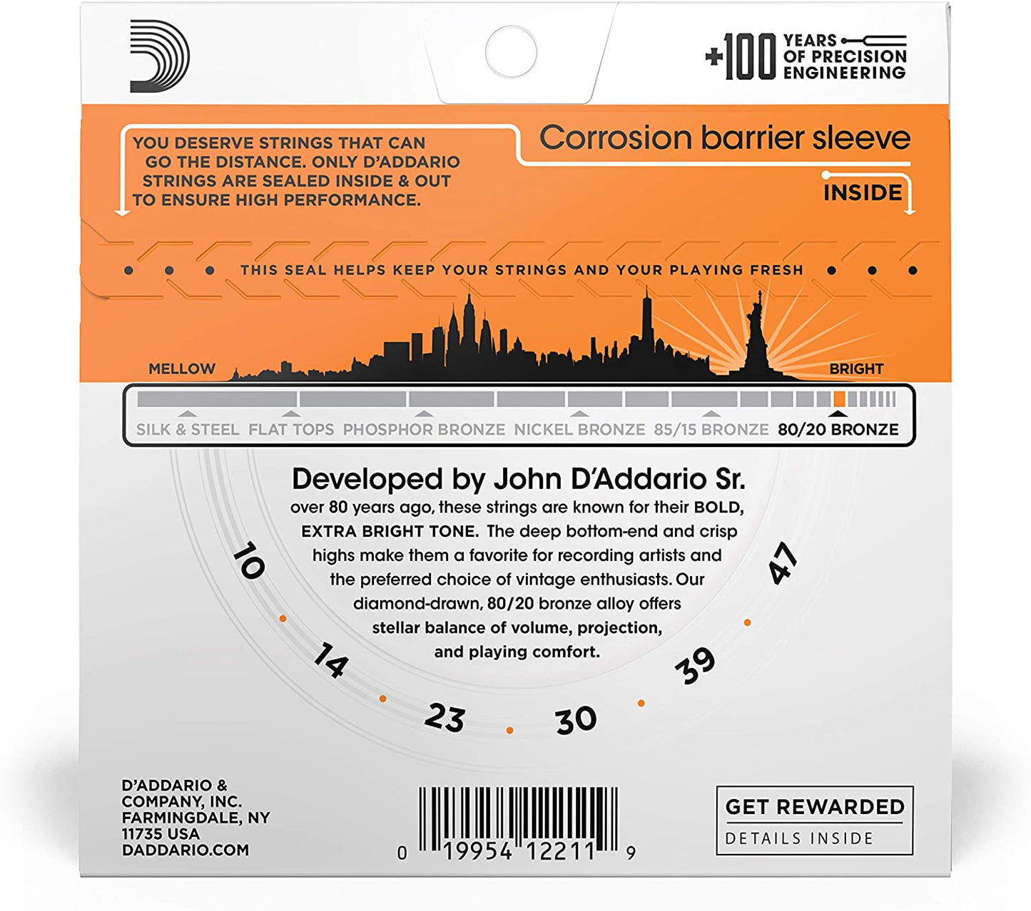 Encordadura D'Addario EJ-10 Guitarra Acústica Bronce 80/20 .010-.047